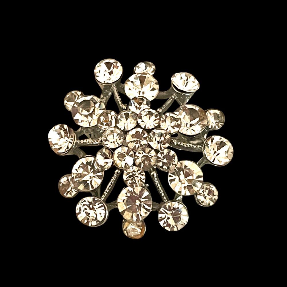 Vintage 1950s Brooch Pendant Clear Rhinestone Starburst Silver Tone - 9P
